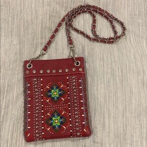 Embroidered Red Crossbody Bag - chain accented strap - rhinestone embellishments